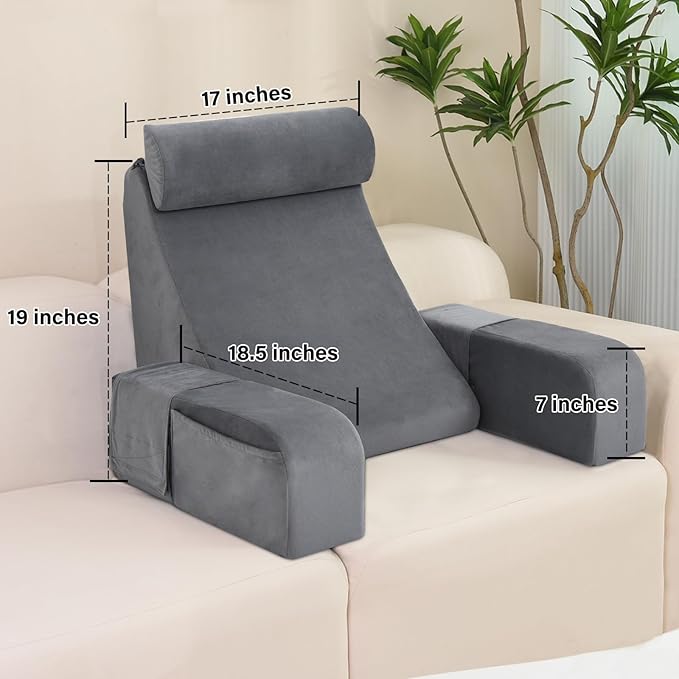 ENITYA Reading Pillow for Sitting in Bed Adult, 19" Back Support Pillow for Bed Sitting up, Backrest Cushion for Reclining,Gaming,Resting,Watching TV in Couch or Floor, Wedge with Arms, Medium(Grey)
