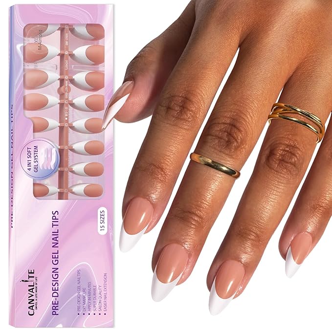Canvalite French Tip Press on Nails Gel Nail Tips - 300Pcs Pre-Colored Quick and Easy Press on Nails Almond Fake Nails with Designs DIY Nail Extensions, Nude White