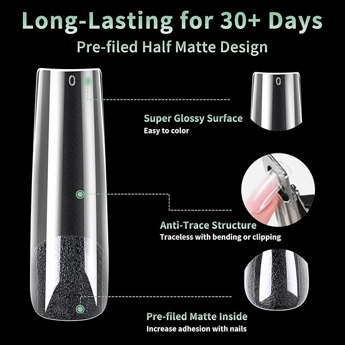 XXL Long Square Nail Tips, 120pcs Acrylic Fake Nails Gel Nail Tips Soft, Full Cover Pre-Shaped Matte Clear Press on Nails for Extension, Diy at Home Manicure 12 Sizes