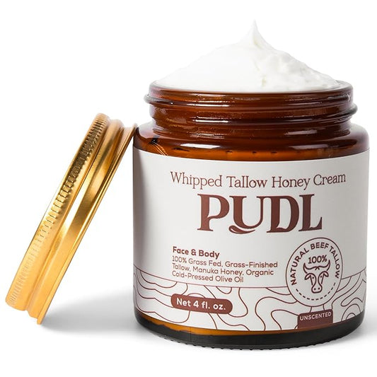 PUDL Grass Fed Beef Tallow for Skin Care with Manuka Honey, Organize Olive Oil and Jojoba Oil – Whipped Lotion Balm Anti-Aging Moisturizer Deeply Nourishing for Sensitive Skin Face & Body