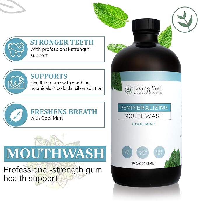 Living Well with Dr. Michelle Cool Mint Remineralizing Mouthwash | Hydroxyapatite & Colloidal Silver Formula | Alcohol-Free | Fluoride-Free Mouth Rinse
