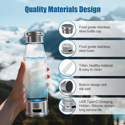 Hydrogen Water Bottle 5-Min Electrolysis 15.22OZ 1500 PPB Water Ionizer with SPE/PEM Technology, Hydrogen Water Bottle for Women/Men/Office/School
