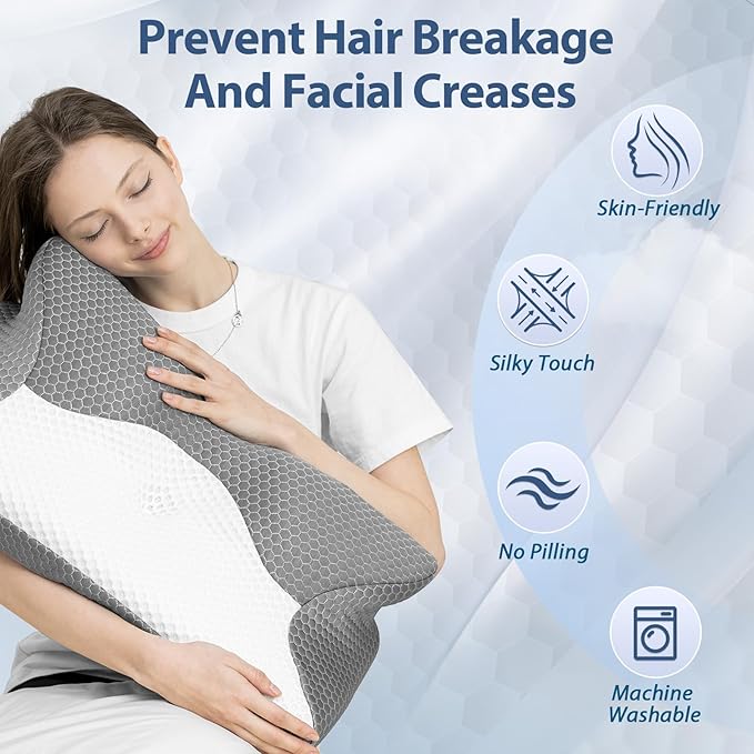 HOMCA Cervical Pillow, Ergonomic Memory Foam Pillow for Neck and Shoulder Pain Relief with Cooling Ice Silk Pillowcase, Orthopedic Neck Bed Pillow for Side, Back and Stomach Sleepers