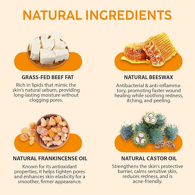 Tallow, Castor Oil and Frankincense Oil Skin Balm, 100% Grass-Fed Tallow for Face & Body Moisturizer, Deep Moisturizing Cream, Moisturizer for Dry, Cracked Skin, All Skin Types