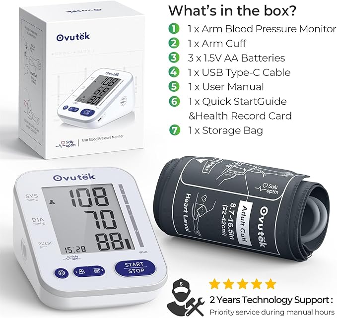 Ovutek Blood Pressure Monitors for Home Use: Large BP Cuff with 240 Memories for 2 Users, Upper Arm Blood Pressure Machine, Accurate BP Monitor with Batteries Type-C Cable