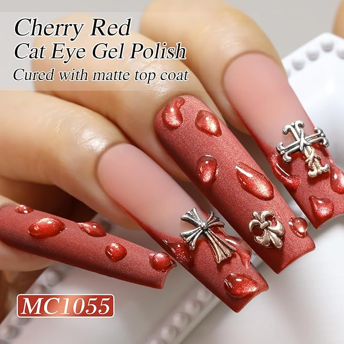 Double Rhythm 0.5 OZ Cat Eye Gel Polish with Magnet 15ML Holographic Glitter Shimmer Translucent Jelly Color Magnetic Nail Polish Salon DIY at Home (Red-MC1055)