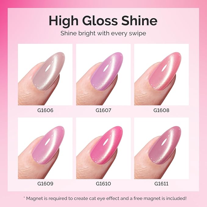 MelodySusie Pink Gem Cat Eye Gel Set Cat Eye Gel Nail Polish Set 6 Pcs, 0.26 Fl Oz Glitter Holographic Magnetic Nail Polish with Magnet, UV Nail Polish for Nail Art Manicure Salon DIY at Home
