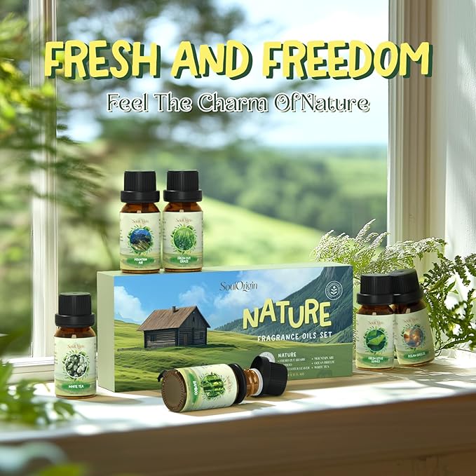 Nature Fragrance Oils Set, Essential Oil Gift Set for Diffuser, Natural Scent Diffuser Oil for Candle Making-Fresh Cut Grass, Mountain Air, Bamboo, Ocean Breeze, Fresh Lotus Leaf, White Tea