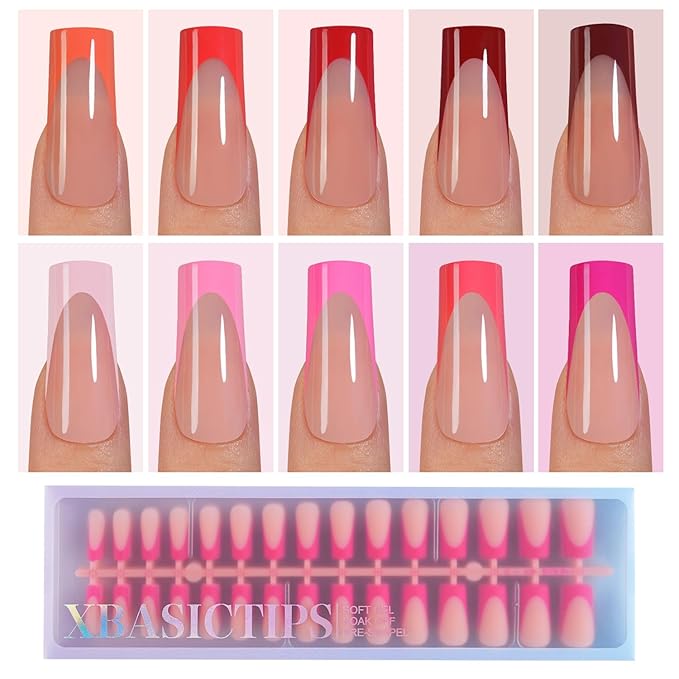 Misssix XBASICTIPS French Tip Press On Nails, 300Pcs Red French Gel Nail Tips Long Square, Soft Gel Pre-shaped No Need to File 3 in 1 Tips, Fake Nails for Nail Art DIY Extension Designs 15 Sizes