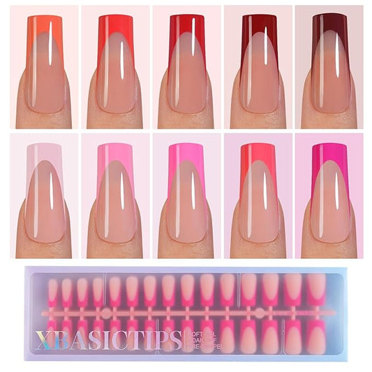 Misssix XBASICTIPS French Tip Press On Nails, 300Pcs Red French Gel Nail Tips Long Square, Soft Gel Pre-shaped No Need to File 3 in 1 Tips, Fake Nails for Nail Art DIY Extension Designs 15 Sizes