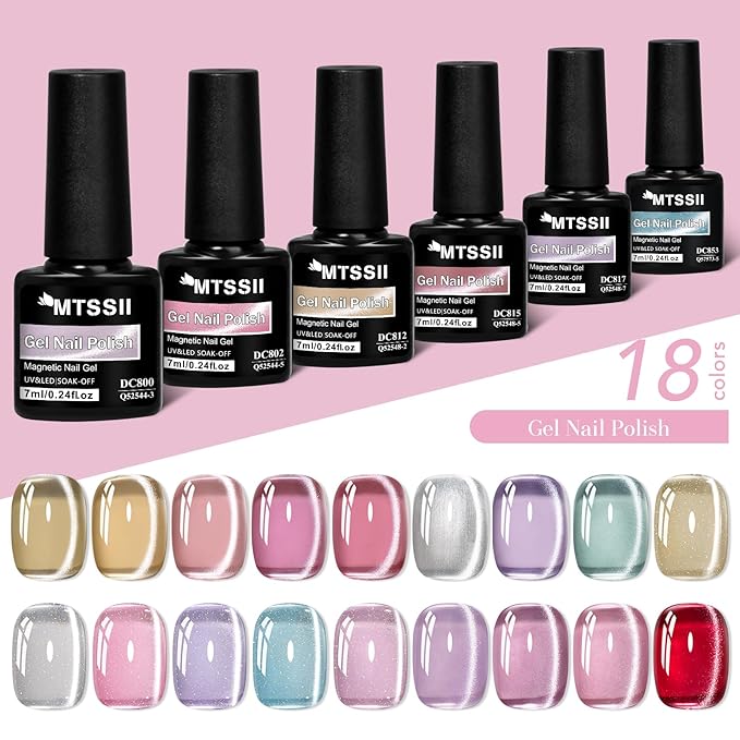 MTSSII 18PCS Cat Eye Gel Nail Polish Set with Magnet, Sea Spirit Magic Cateye Gel Polish Pink Green Blue Yellow Glitter Shinny Magnetic Nail Polish Soak Off LED Manicure Nail Art