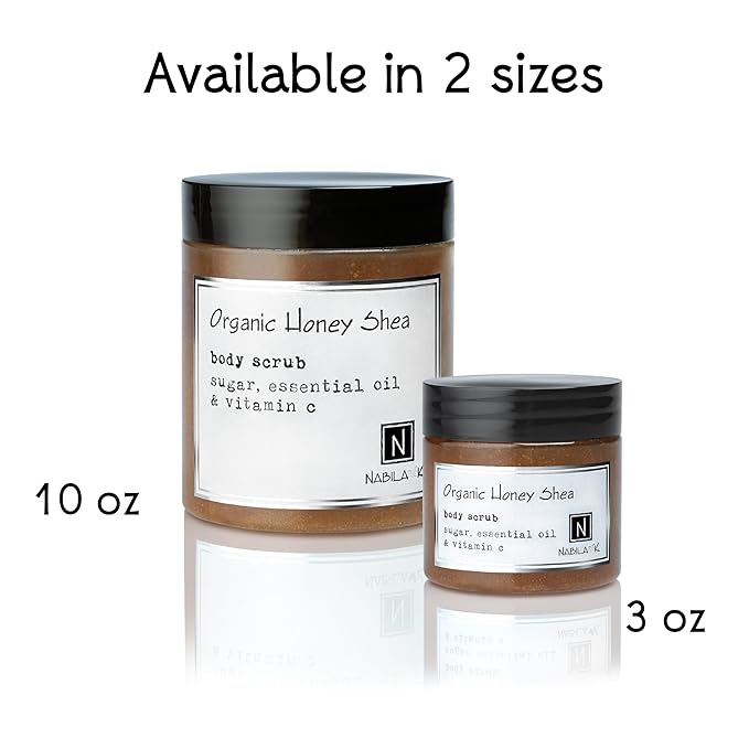 Organic Honey Shea Body Scrub Made in USA with Essential Oil and Vitamin C by Nabila K - Exfoliate and Moisturize for Smooth Skin - Luxury for Women & Men, 3 oz