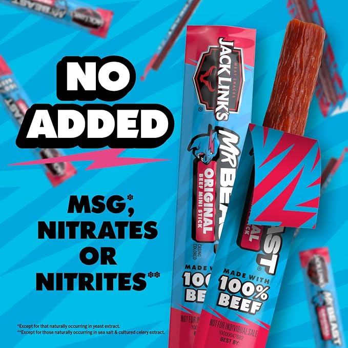 Jack Link’s x MrBeast Original Mini Beef Sticks – 6g Protein per Serving, Individually Wrapped Meat Snacks, Made with 100% Real Beef, Pantry-Ready, Kids Snacks, 0.5oz (12 Count)