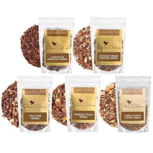 Herbal Tea Sampler – 5 Caffeine-Free Loose Leaf Blends for Sleep and Relaxation, Fruity and Dessert-Inspired Flavors, 75 to 100 Cups – Handcrafted in USA – Plum Deluxe
