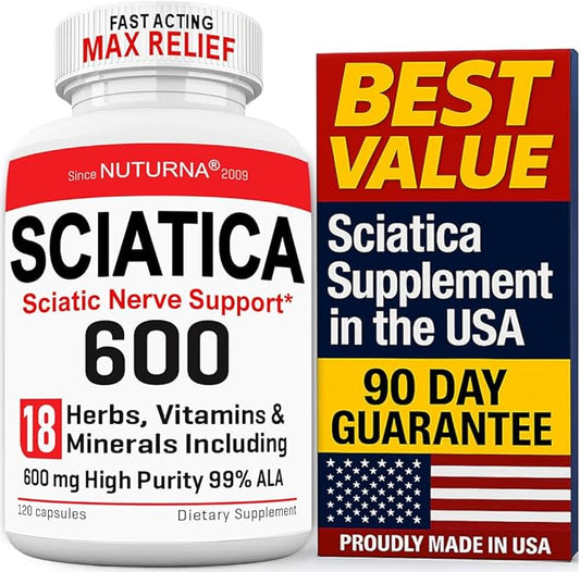 Sciatica Nerve Relief Supplement with 600 mg Alpha Lipoic Acid - Maximum Strength ALA Sciatic Support for Feet, Hands, Fingers, and Legs - Ultra Potent 18-in-1 Natural Nerve Vitamins - 120 Capsules