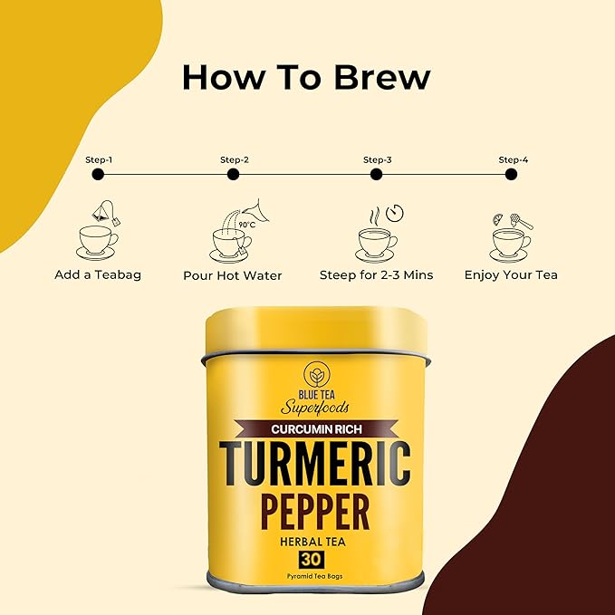 BLUE TEA - Turmeric Tea - Pepper - 30 Count - Pyramid Plant Based Tea Bag | CURCUMIN RICH - HERBAL BLEND | Herbal Tea - Caffeine Free - No Sugar - Earthy Flavor - Healthy | Tin Pack