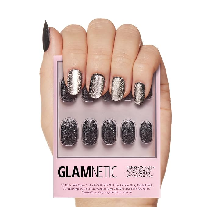 Glamnetic Press On Nails - Galactic | Short Round Gunmetal Pewter Glittered Nails with a Glaze Finish | 12 Sizes - 30 Nail Kit with Glue