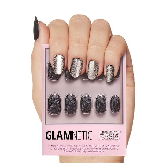 Glamnetic Press On Nails - Galactic | Short Round Gunmetal Pewter Glittered Nails with a Glaze Finish | 12 Sizes - 30 Nail Kit with Glue