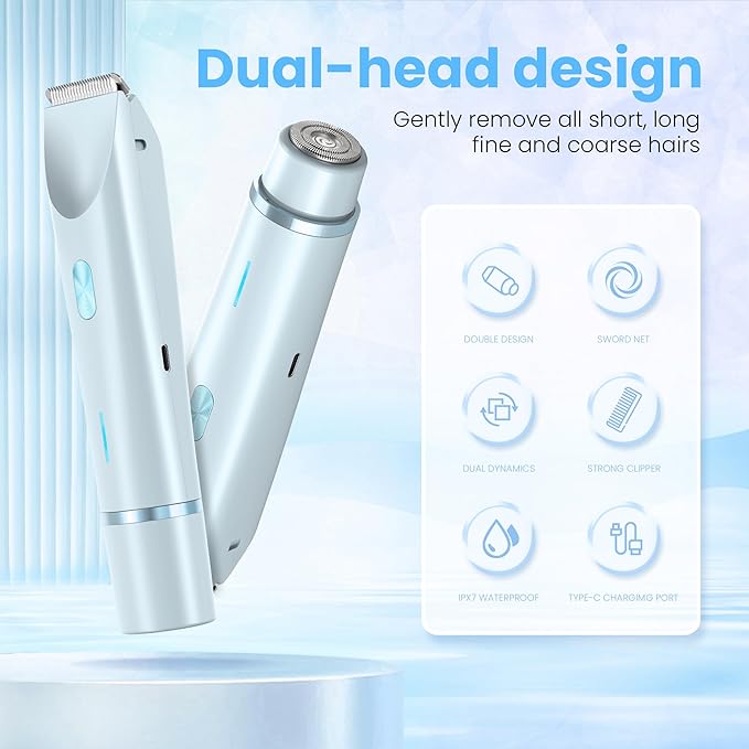 Bikini Trimmer for Women-2 in 1 Dual Head Electric Razors,IPX7 Waterproof Bikini Electric Shaver,Dry & Wet Use Painless Bikini Shaver,Pubic Hair Trimmer for Private Area & Body Hair,Blue