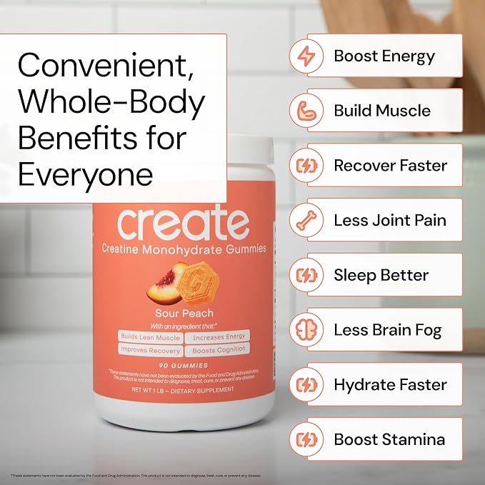 Create Creatine Monohydrate Gummies for Men & Women | 1.5g Creatine per Gummy for Muscle Strength, Endurance, Recovery, & Focus | Vegan, Non-GMO, Gluten-Free | Premium Sour Peach Flavor | 90 Count