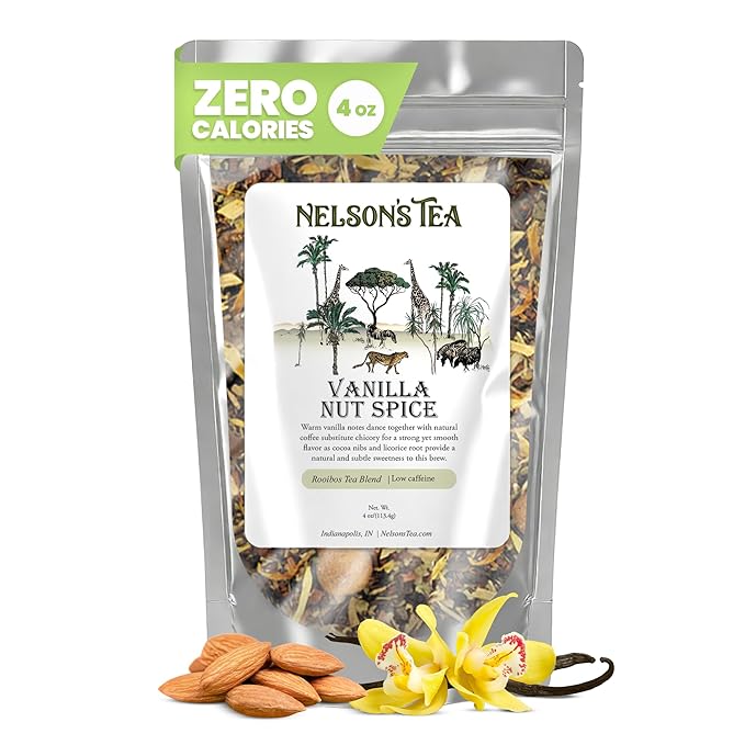 Nelson's Tea Vanilla Nut Spice - Cut & Sifted, Low Caffeine Rooibos Loose Leaf Tea with Honeybush, Yerba Mate, Chicory Root, Licorice Root, Cardamom Seeds, Coconut and Marigold Herbal Blend (4 oz)