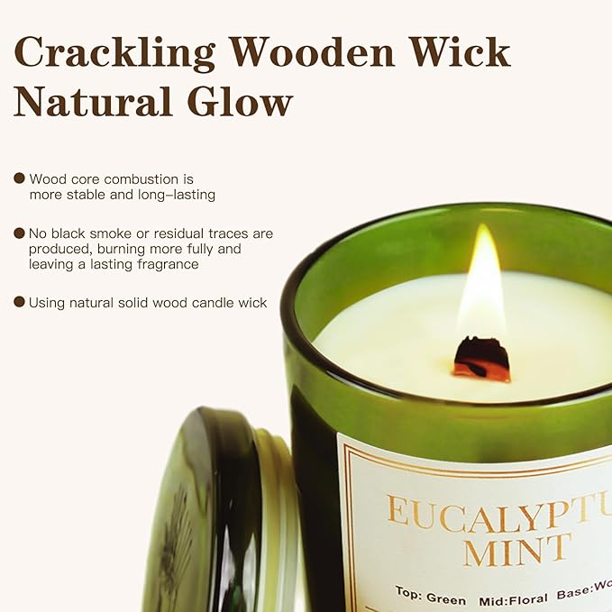 2 Pack Candles for Home Scented,Wood Wick Eucalyptus Mint Scented Candle,22.6 oz 150 Hour Long Burning Lasting, Natural Soy Wax Candles Gifts Set,for Christmas Day