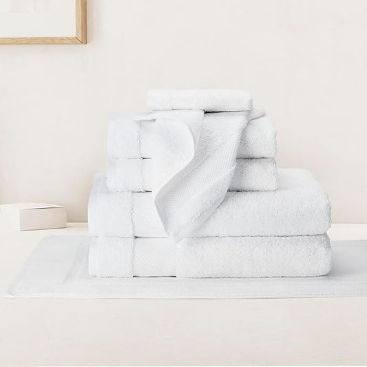 BIOWEAVES 100% Organic Cotton Bath Towel Set | 700 GSM Plush 7-Piece Premium Towel Set GOTS Certified, 2 Bath Towels, 2 Hand Towels & 2 Washcloths, 1 Bath Mat - White