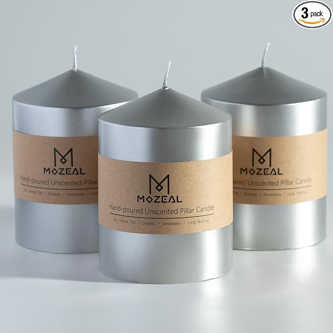 MOZEAL 3" x 4" Hand-Poured Unscented Silver Pillar Candles,Dripless Candles Set of 3,Smokeless,Clean Burning,Approx 60 Hours Burn Time,Wedding,Dinner,Christmas and Home Decor（3 Inch Width Series）