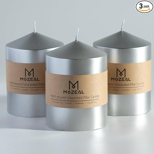 MOZEAL 3" x 4" Hand-Poured Unscented Silver Pillar Candles,Dripless Candles Set of 3,Smokeless,Clean Burning,Approx 60 Hours Burn Time,Wedding,Dinner,Christmas and Home Decor（3 Inch Width Series）