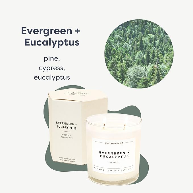 Calyan Wax Co. Evergreen & Eucalyptus 2 Wick Scented Candle - 37 Hour Burn - Luxury Non Toxic Soy Wax Candles - Long Lasting Large Glass Jar Candle for Home - 8.8oz