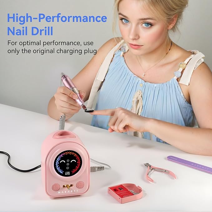Makartt Electric Nail Drill - Professional 35000RPM E-File Machine Portable Nail Drill Kit with Drill Bits,Cute Compact Efile Salon Use Low Noise Manicure Pedicure for Acrylic Gel Nails Pink