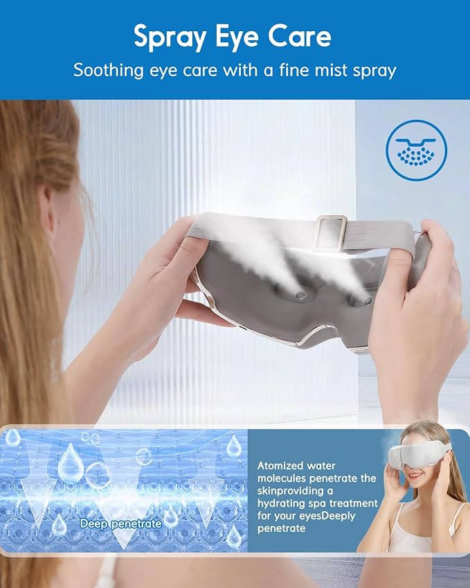 Eye Massager with Heat Compression & Spray, Bluetooth Music Eye Mask Massage for Migraine Relief, Stress & Headache Reduction – Healthy Gifts for Loved Ones