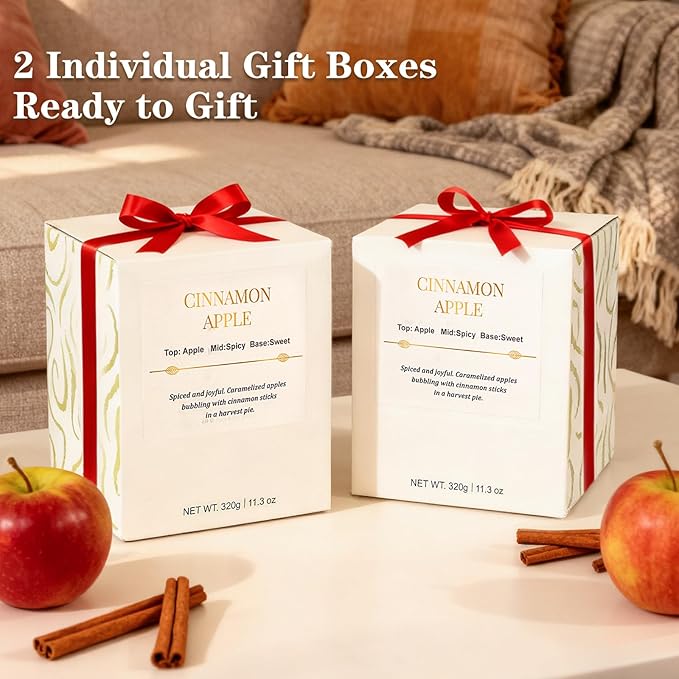 Holiday Candle Gift Set–2 Pack Wood Wick Cinnamon Apple Scented Candles,Long Lasting Natural Soy Wax Candles with Gift Boxes,Cozy Fall Aromatherapy Candle for Home Decor,Thanksgiving&Christmas Gifts