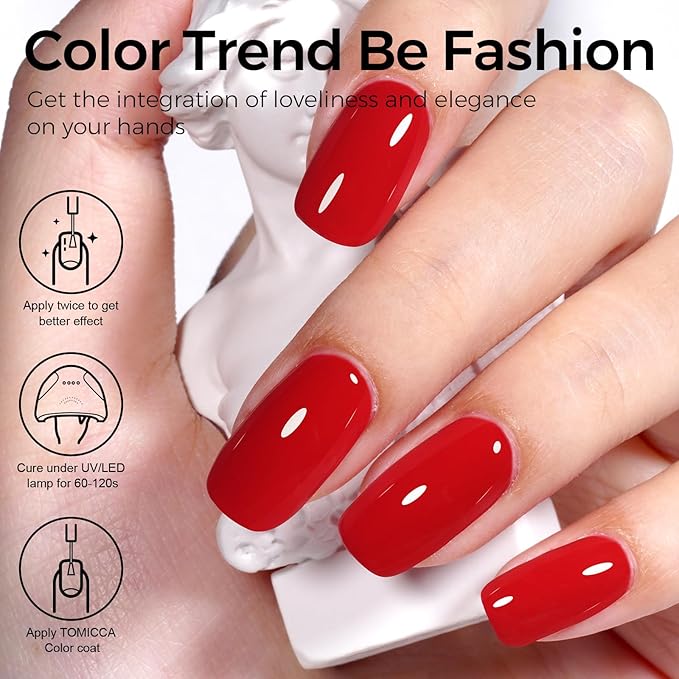 TOMICCA Ruby Red Gel Polish 1Pcs Red Gel Nail Polish Pure Color Long Lasting Soak Off UV LED Cure Needed Nail Art Manicure Salon DIY at Home Present for Women