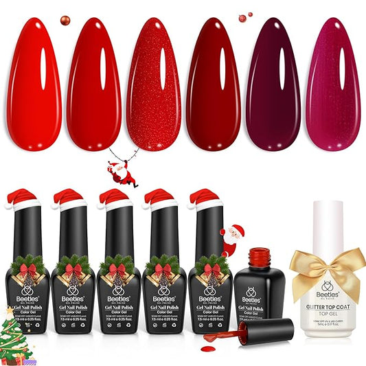 Beetles Red Gel Nail Polish Set with Top Coat, Winter Gel Polish 6 Colors Popular Shimmer Red Burgundy Nail Art Design Soak Off Uv LED Minicure DIY Home Gifts for Women