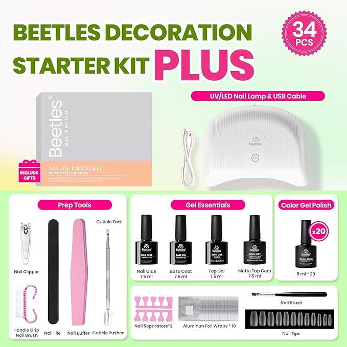 Beetles Gel Nail Polish Kit with U V Light - 34pcs Gel Polish Set 20 Colors Colorful Dreamscape Pro with Nail Tips & Base Matte Top Medium Coffin Press on Nails Accessories DIY Salon Gifts for Women