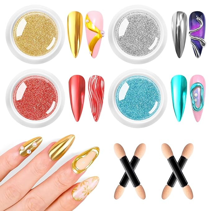 Gold Chrome Nail Powder 4 PCS - Metallic Mirror Nail Art Pigment for Gel Polish Decoration,Resin Craft Festival Chrome Powder,Includes Blue Purple Colors