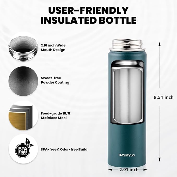 Insulated Water Bottle 20 oz, Triple Wall Vacuum Stainless Steel (Cold for 48 Hrs), Leak Proof & Non-BPA, Kids Water Bottle Jug for School with Straw Spout Lids, Dark Green