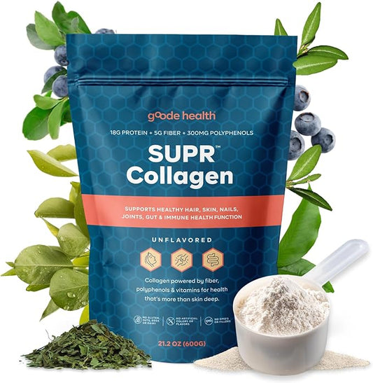 goode health SUPR Collagen Powder – Unflavored, Easy-Mix Bovine Collagen with Fiber, Polyphenols & Vitamins – Supports Skin, Hair, Nails, Joints & Digestion – 25 Servings