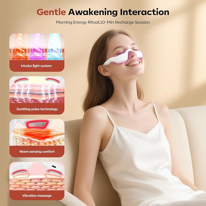 Multi-Mode Eye Massager with Heat, Vibration & 3-Color Light Care, Helps Brighten Eye Area and Smooth Appearance, Portable Glasses for Home & Travel