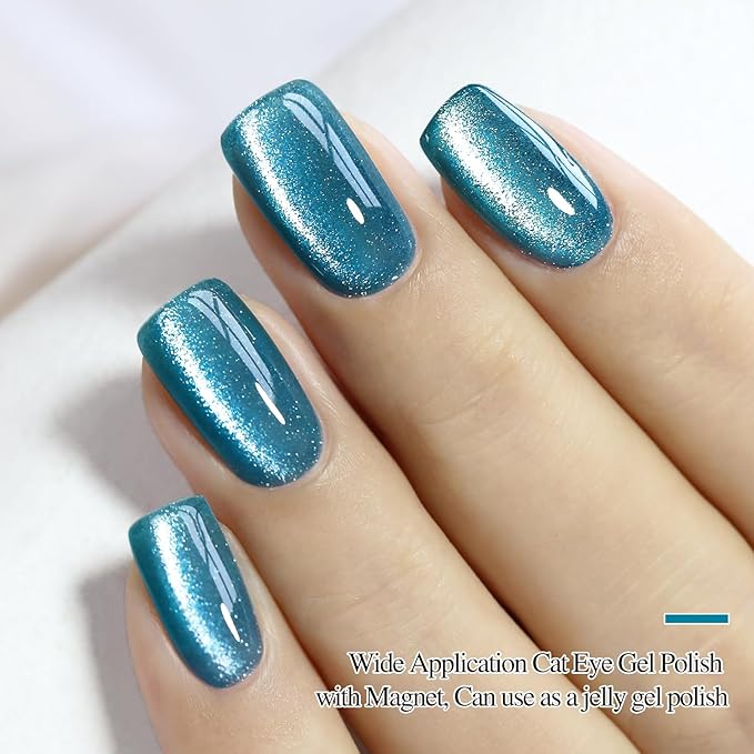 Double Rhythm 0.5 OZ Cat Eye Gel Polish with Magnet 15ML Holographic Glitter Shimmer Translucent Jelly Color Magnetic Polish Salon DIY at Home (Teal-MC1071)