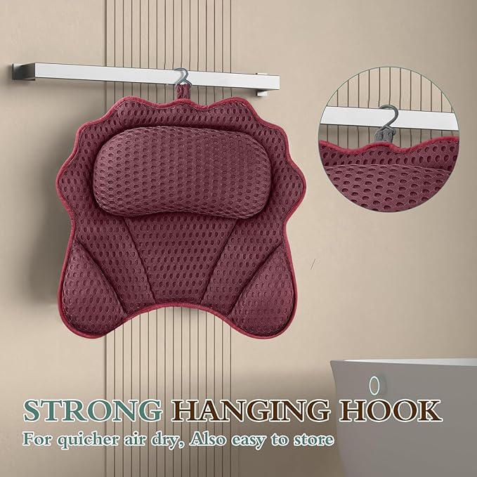Bath Pillow RUVINCE Ergonomic Luxury Bathtub Pillow with Head,Neck, Shoulder and Back Support, 4D Bath Pillows for tub with 6 Powerful Suction Cups, Fits All Bathtub, Spa Tub, Hot Jacuzzi (Dark red)