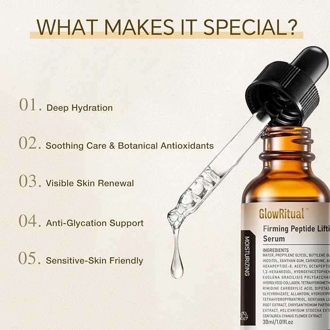 GlowRitual Firming Peptide Lifting Serum - Multi-Peptide Hydrating Anti-Aging Face Serum, Natural Ingredients for Smoothness, Lightweight and Gentle for Most Skin Types