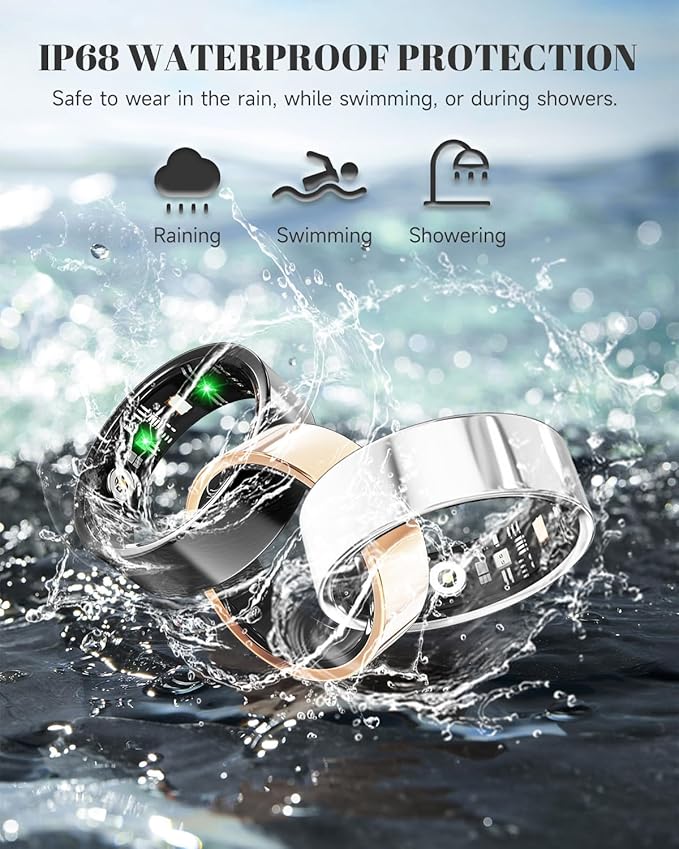 Luxelle Smart Ring Fitness Tracker with Sleep Monitor, Heart Rate, Blood Oxygen, Blood Pressure, Step Counter, 128 Sports Modes, IP68 Waterproof, Magnetic Charging, Compatible with iOS & Android