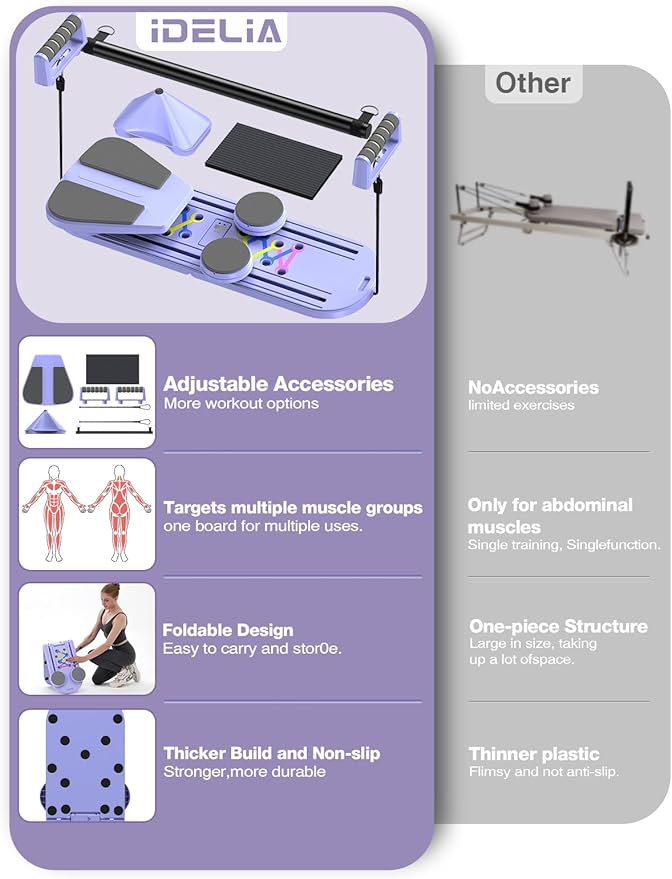 Foldable Pilates Board for Home Workout - Portable Pilates Reformer Machine for Women - 7 in 1 Multifunctional Pilates Reformer Set with Timer for Core Trainer Equipment