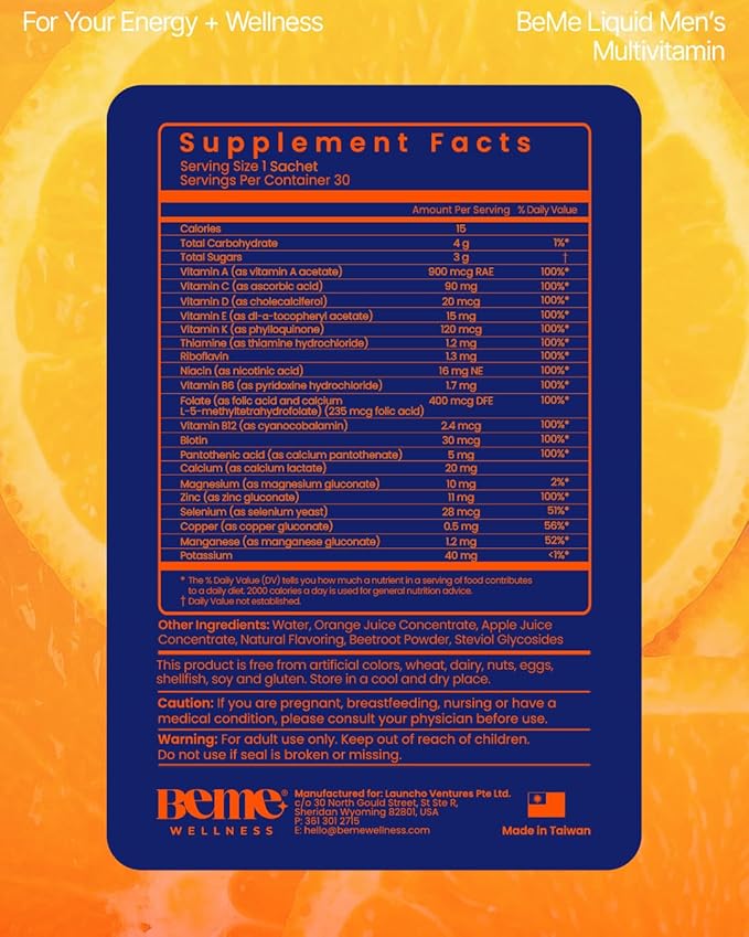 BeMe Be Vitalized Liquid Multivitamin - Daily Liquid Vitamins & Minerals, A, B-Complex, C, D, E, K, Calcium, Zinc, Magnesium, Health & Wellness Supplement Drink (30 Count (Pack of 1), Orange - Men)