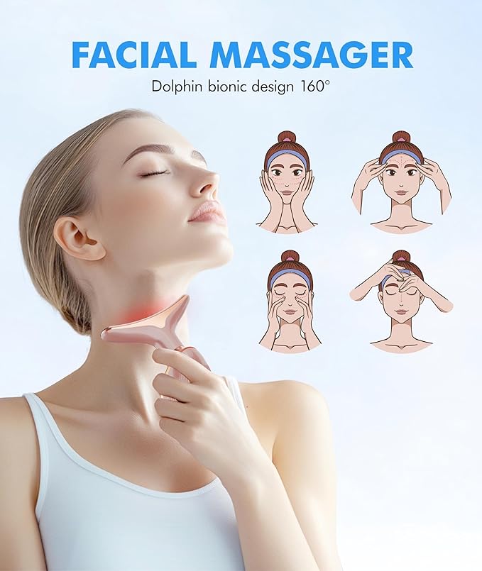 Red Light Therapy for Face and Neck, 7 Color Face Massager Tool for Wrinkles, Double Chin, Vibrating Facial Massager with Thermals for Skin Care, Rose Gold