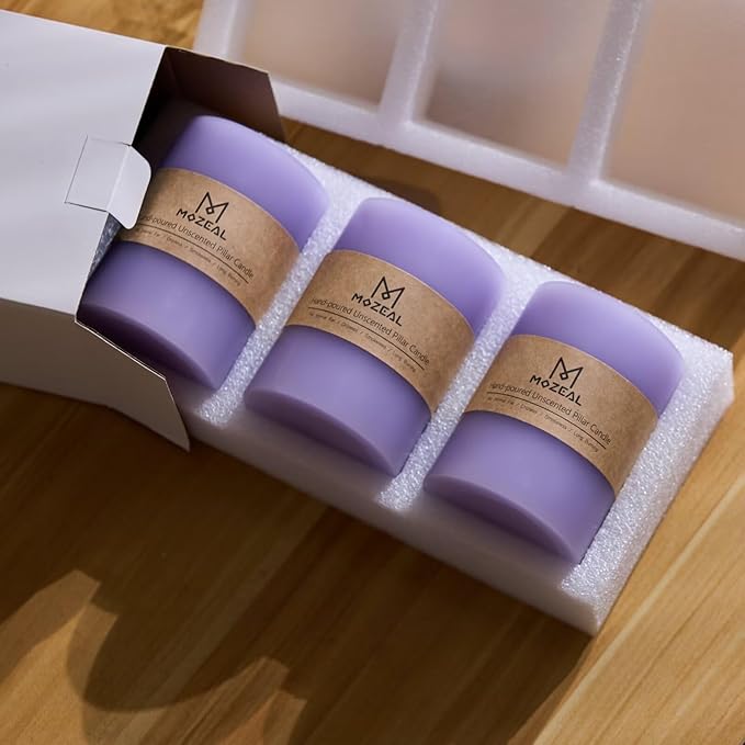 MOZEAL 3" x 6" Hand-Poured Unscented Candle,Dripless Pillar Candle Set of 3, Long Lasting Burning,Approx 120 Hours Burn Time,Rustic Country Style, for Serene Evenings, Relaxing Lavender Decor,Lavender