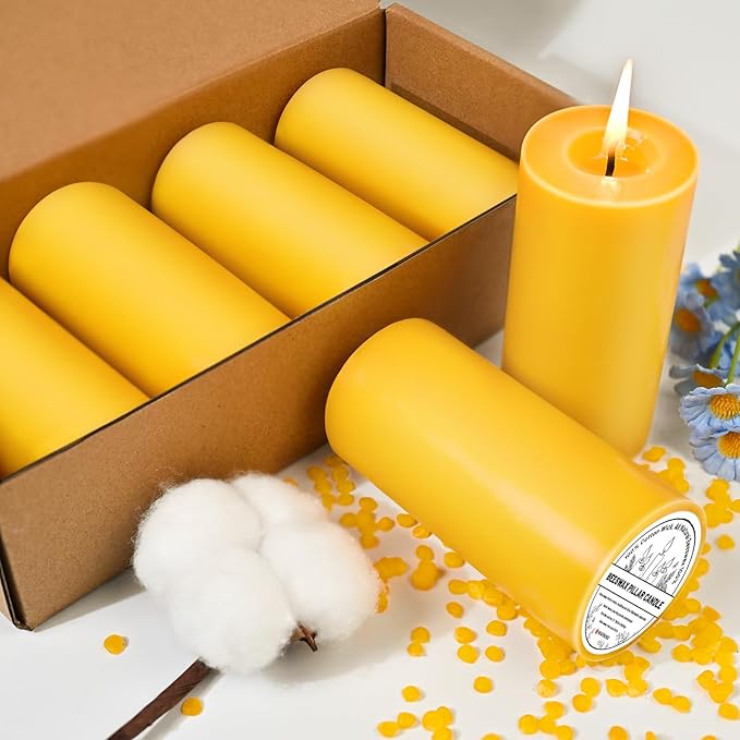 4 Pack Natural Beeswax Pillar Candles, 140 Hours Long Burning, 100% Pure Bees Wax Candles, Organic Emergency Beeswax Candles Bulk for Home Room Prayer Parties Relax, Smokeless & Dripless 2x4in