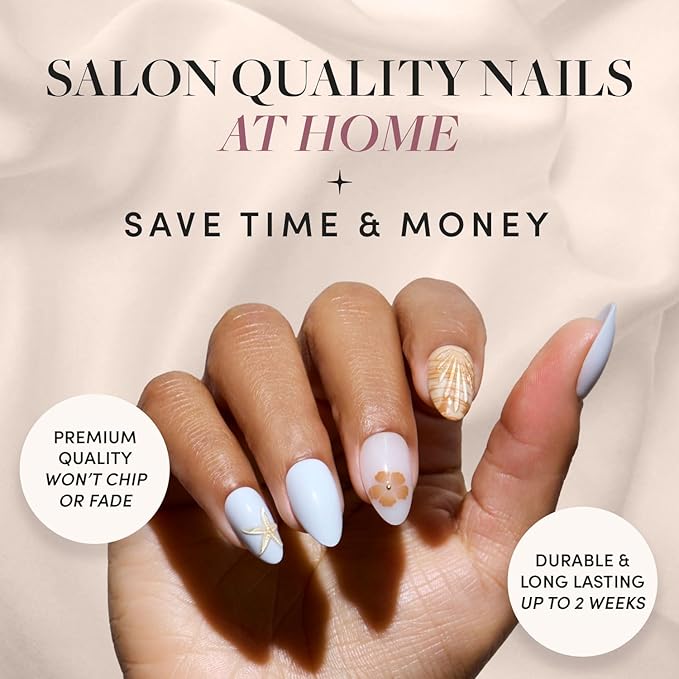 Glamnetic Press On Nails - Sea Star | Short Almond Seashell Nails with 3D Nail Art, Salon Quality Summer Nails | 15 Sizes - 30 Nail Kit with Glue